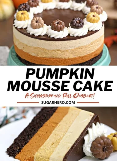 Delicious Pumpkin Chocolate Mousse Cake topped with chocolate ganache and pumpkin spice.