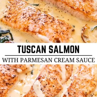 Tuscan pan seared salmon in creamy Parmesan sauce, garnished with fresh herbs.