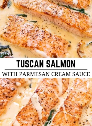 Tuscan pan seared salmon in creamy Parmesan sauce, garnished with fresh herbs.