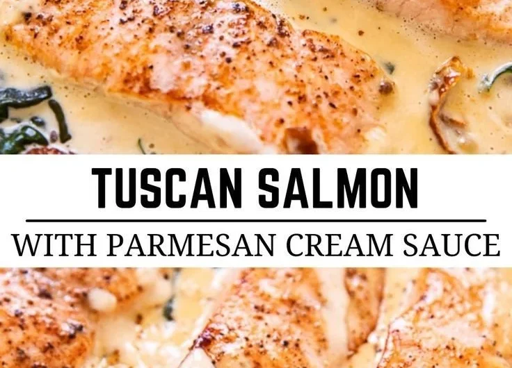 Tuscan pan seared salmon in creamy Parmesan sauce, garnished with fresh herbs.