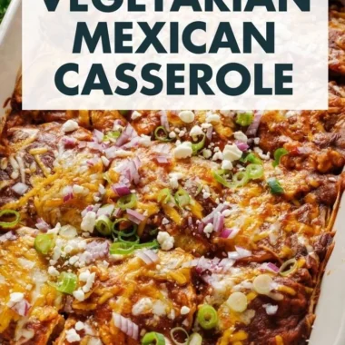 Delicious vegetarian enchilada casserole with colorful vegetables and melted cheese.
