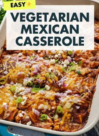Delicious vegetarian enchilada casserole with colorful vegetables and melted cheese.