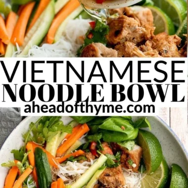 Vietnamese noodle bowl with lemongrass chicken and fresh vegetables