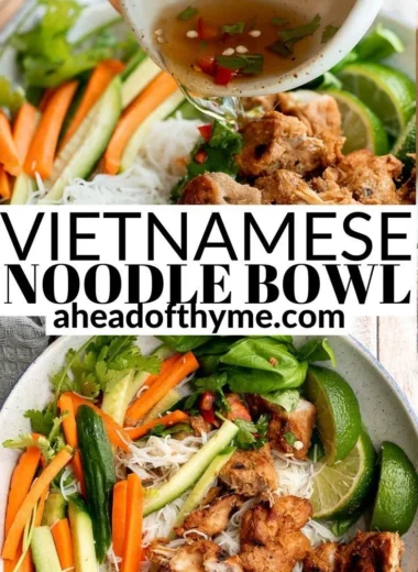 Vietnamese noodle bowl with lemongrass chicken and fresh vegetables