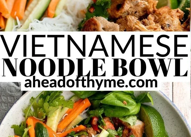 Vietnamese noodle bowl with lemongrass chicken and fresh vegetables