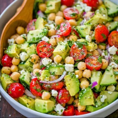 Delicious chickpea salad with fresh vegetables and herbs in a bowl.