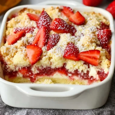 Delicious strawberry cheesecake dump cake topped with fresh strawberries.