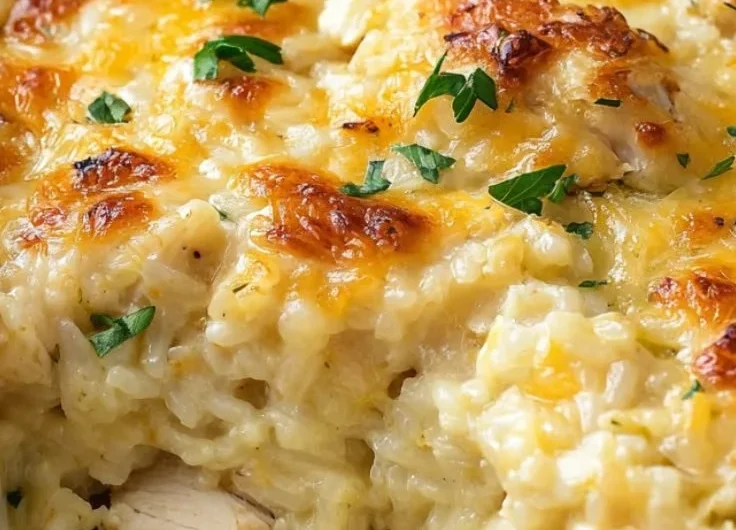 Delicious Angel Chicken Rice Casserole served in a baking dish