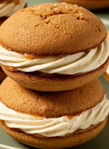 Apple Cider Whoopie Pies served on a rustic wooden table with autumn leaves
