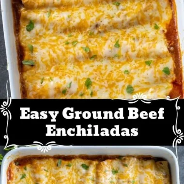Plate of savory beef enchiladas topped with cheese and sauce