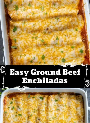Plate of savory beef enchiladas topped with cheese and sauce