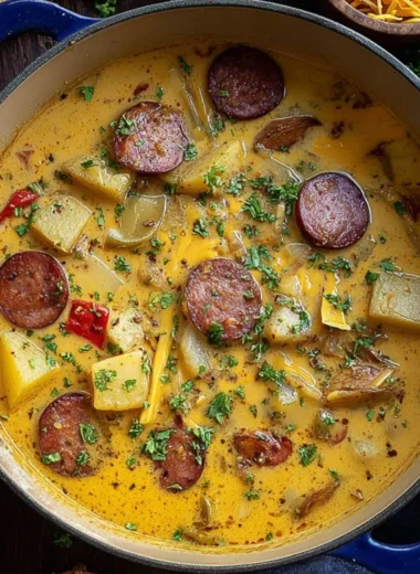 Bowl of creamy Cajun Potato Soup garnished with green onions and spices