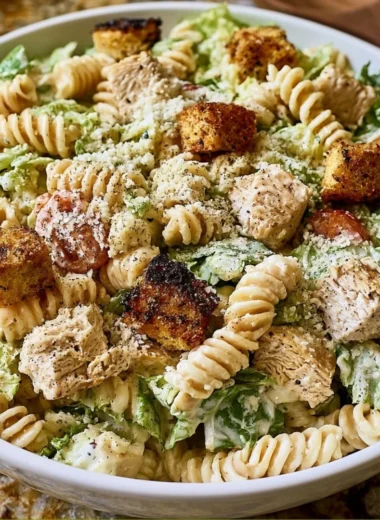 Delicious Chicken Caesar Pasta Salad with tender chicken and fresh vegetables