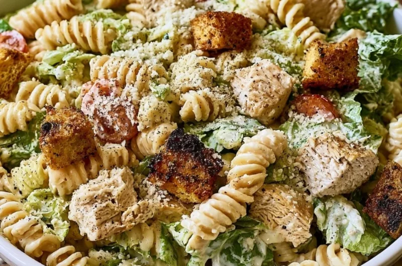 Delicious Chicken Caesar Pasta Salad with tender chicken and fresh vegetables