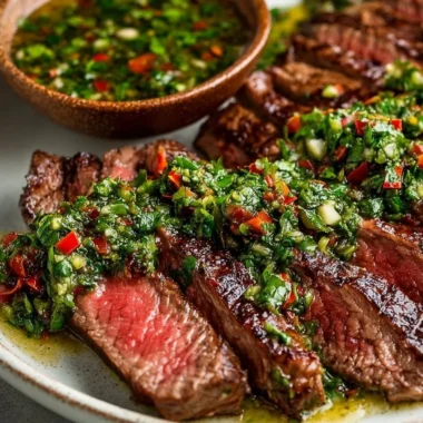 Grilled chimichurri steak garnished with herbs and spices on a plate