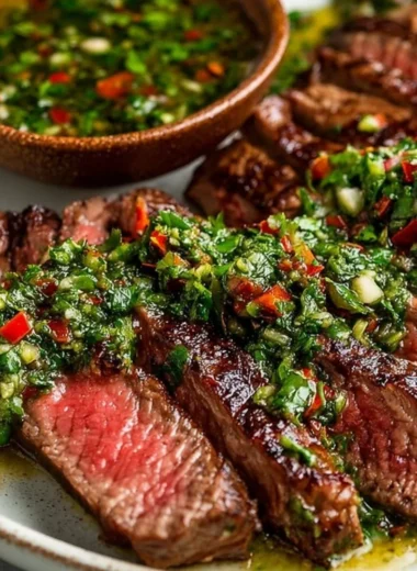 Grilled chimichurri steak garnished with herbs and spices on a plate