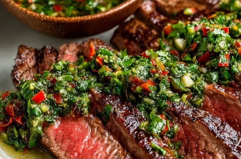 Grilled chimichurri steak garnished with herbs and spices on a plate