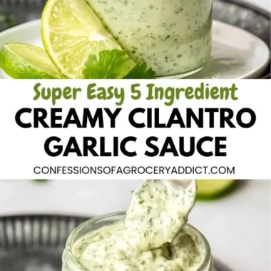 Fresh cilantro garlic sauce in a bowl with herbs and garlic cloves