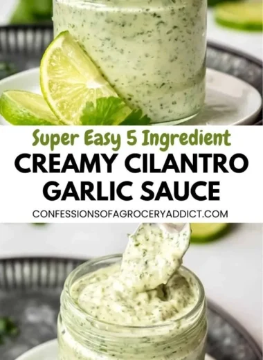 Fresh cilantro garlic sauce in a bowl with herbs and garlic cloves