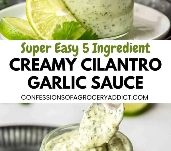 Fresh cilantro garlic sauce in a bowl with herbs and garlic cloves