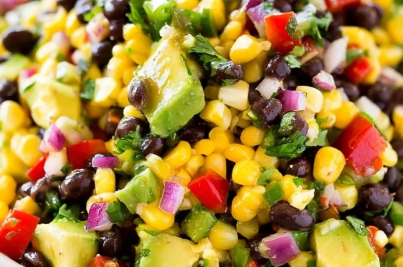 Bowl of colorful Cowboy Caviar featuring beans, corn, and vegetables