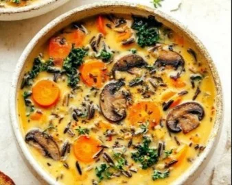Cozy autumn wild rice soup with vegetables and herbs in a bowl