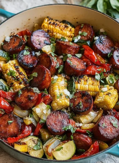 Cozy summer sausage skillet with colorful vegetables in a frying pan