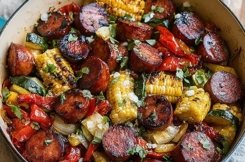 Cozy summer sausage skillet with colorful vegetables in a frying pan