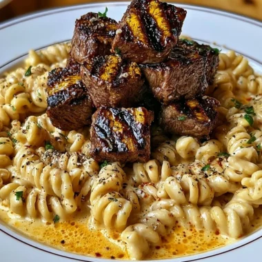 Creamy garlic butter steak bites with spicy Cajun Alfredo pasta dish