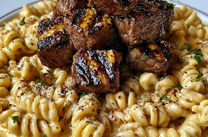 Creamy garlic butter steak bites with spicy Cajun Alfredo pasta dish