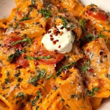 Creamy tomato garlic pasta dish garnished with fresh basil and parmesan cheese.