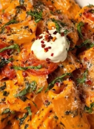 Creamy tomato garlic pasta dish garnished with fresh basil and parmesan cheese.