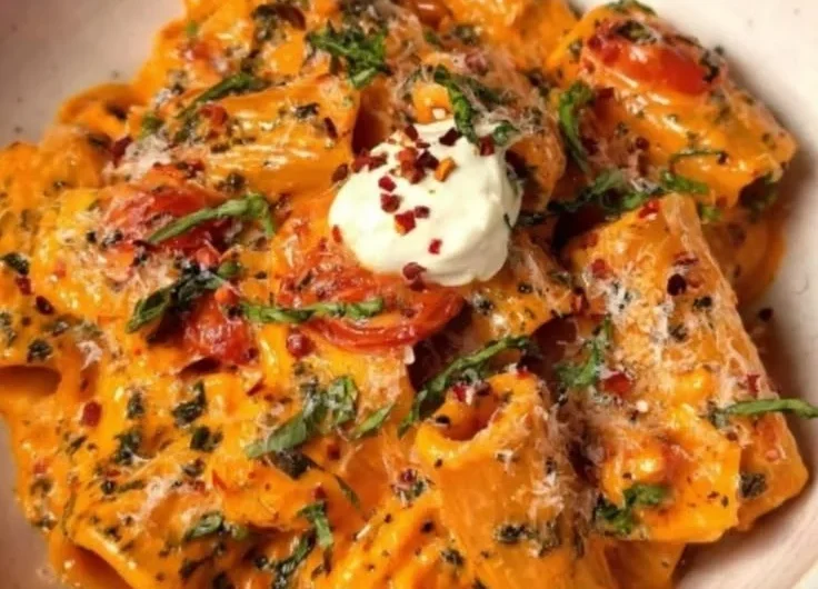 Creamy tomato garlic pasta dish garnished with fresh basil and parmesan cheese.
