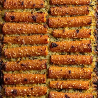 Plate of crispy Parmesan carrots garnished with herbs