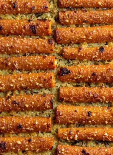 Plate of crispy Parmesan carrots garnished with herbs