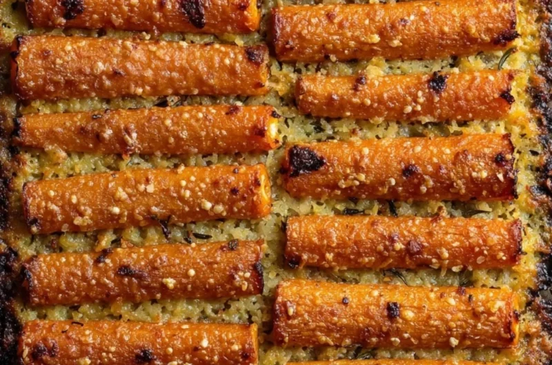 Plate of crispy Parmesan carrots garnished with herbs