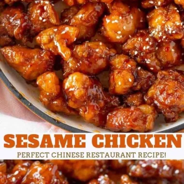 Plate of crispy sesame chicken garnished with sesame seeds and green onions.