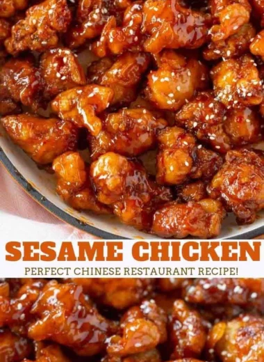 Plate of crispy sesame chicken garnished with sesame seeds and green onions.