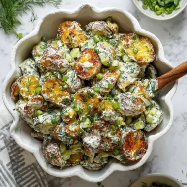 Crispy smashed potato salad with herbs and dressing on a wooden table
