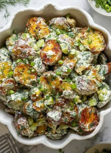 Crispy smashed potato salad with herbs and dressing on a wooden table