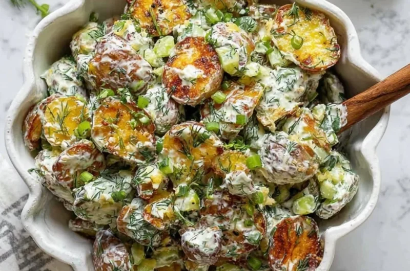 Crispy smashed potato salad with herbs and dressing on a wooden table