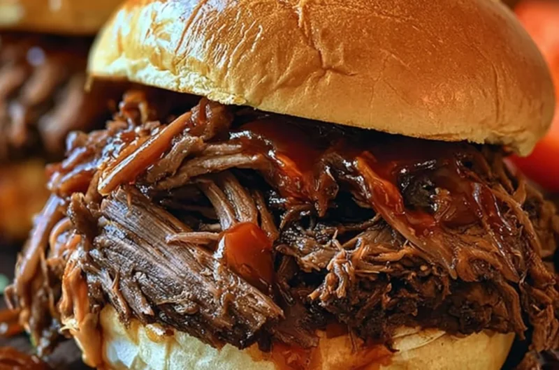 Crockpot BBQ beef sandwiches served on a plate with coleslaw.