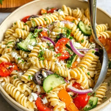 Delicious easy pasta salad with colorful vegetables in a bowl