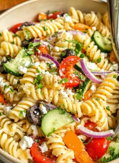 Delicious easy pasta salad with colorful vegetables in a bowl