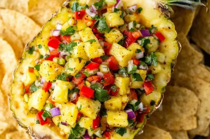 Bowl of easy pineapple salsa with fresh ingredients and vibrant colors