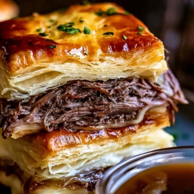Savory French Dip Squares served on a platter with dipping sauce.