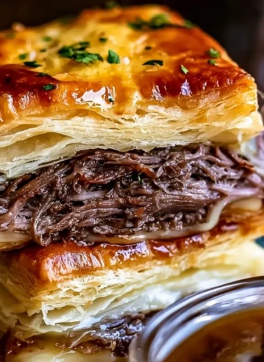 Savory French Dip Squares served on a platter with dipping sauce.