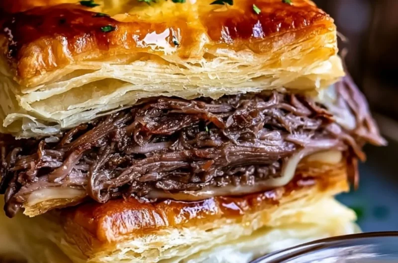 Savory French Dip Squares served on a platter with dipping sauce.