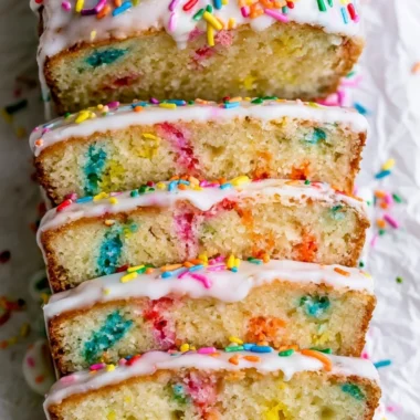 A slice of Funfetti Pound Cake topped with colorful sprinkles on a white plate.