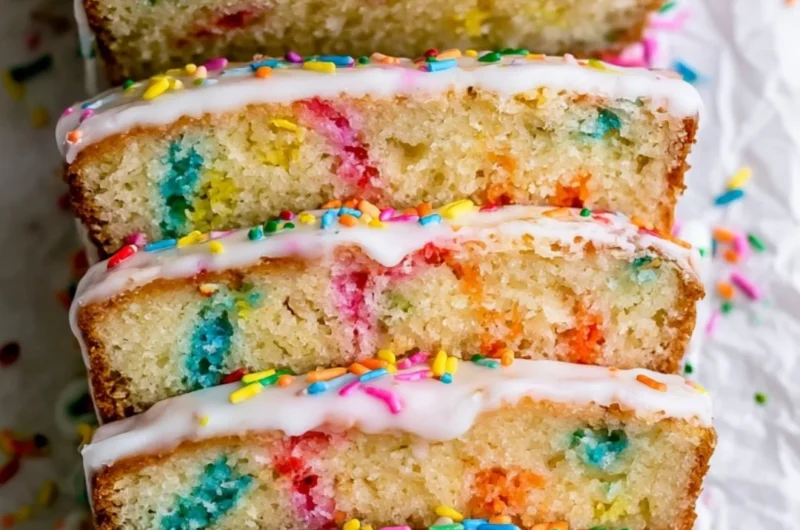 A slice of Funfetti Pound Cake topped with colorful sprinkles on a white plate.